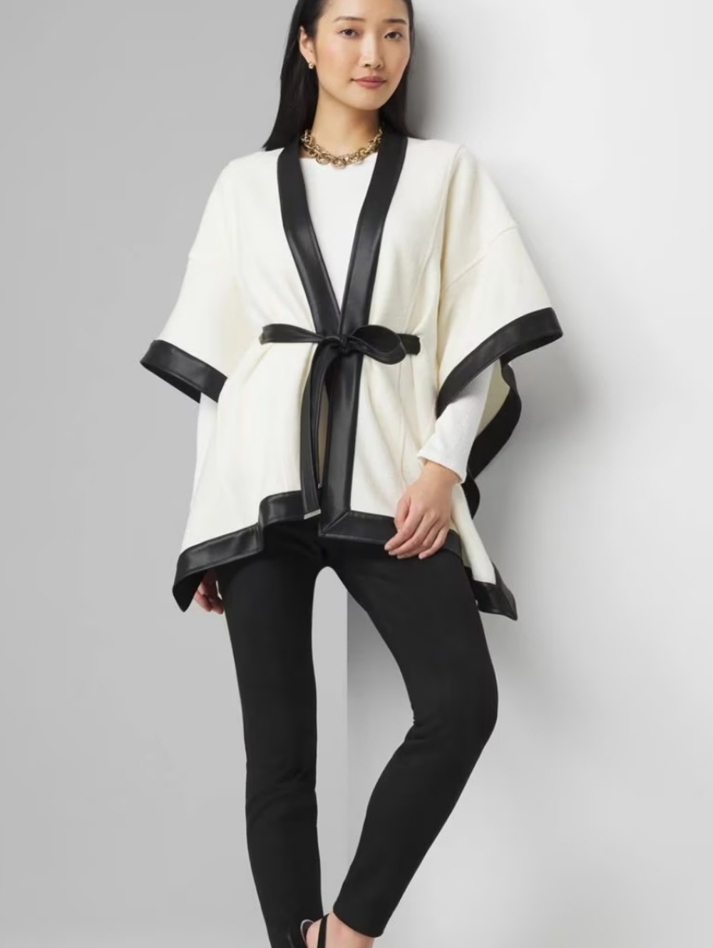 White House Black Market Wool Blend Ruana with Faux Leather Trim Top